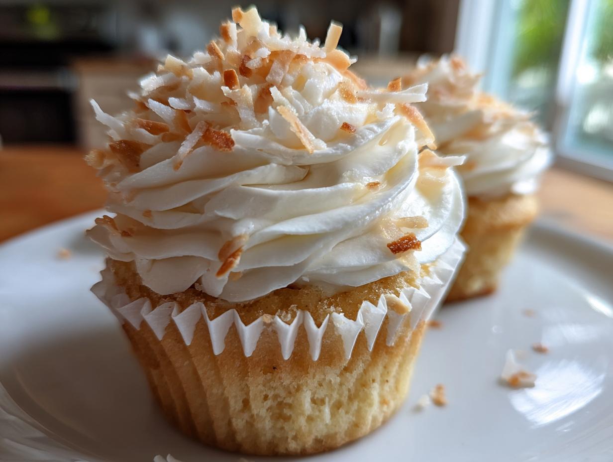 Close-up of a moist coconut cupcake topped with swirled white frosting and toasted coconut flakes.