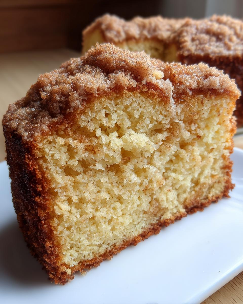 Close-up of a moist slice of coffee cake showing the tender crumb and thick cinnamon streusel topping.