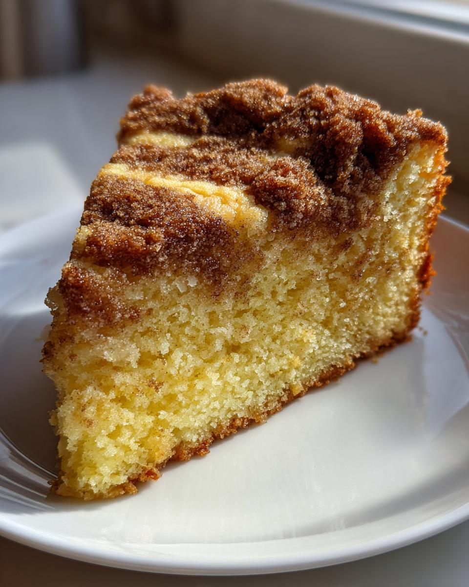 A close-up view of a moist slice of coffee cake featuring a rich cinnamon streusel layer on top.