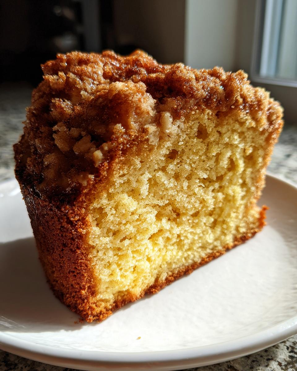 Close-up of a moist slice of coffee cake showing the tender crumb and thick, sugary streusel topping.