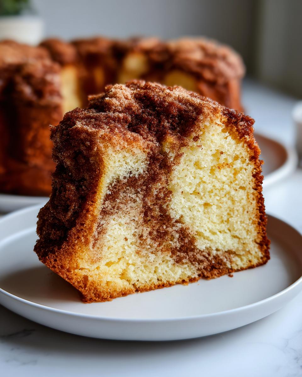 A thick slice of moist coffee cake featuring a marbled interior and a generous topping of cinnamon streusel.