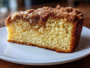 Close-up of a moist slice of coffee cake featuring a rich yellow crumb and a thick, sugary cinnamon streusel layer.