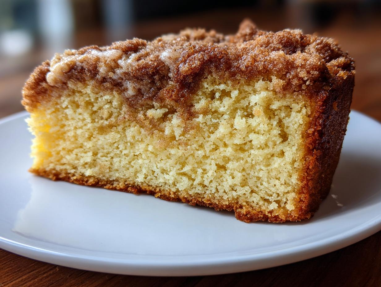 Close-up of a moist slice of coffee cake featuring a rich yellow crumb and a thick, sugary cinnamon streusel layer.