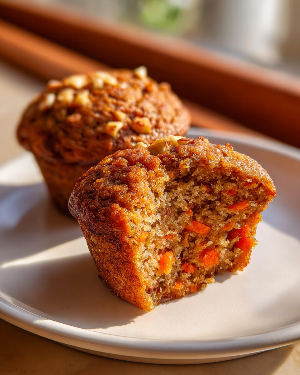 Close-up of a morning glory muffin cut in half showing moist texture and visible shredded carrots inside.