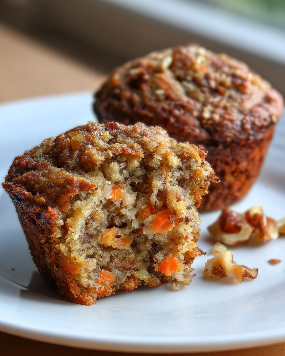 Close-up of a morning glory muffin broken in half showing moist texture, shredded carrots, and nuts, with another muffin blurred in the background.