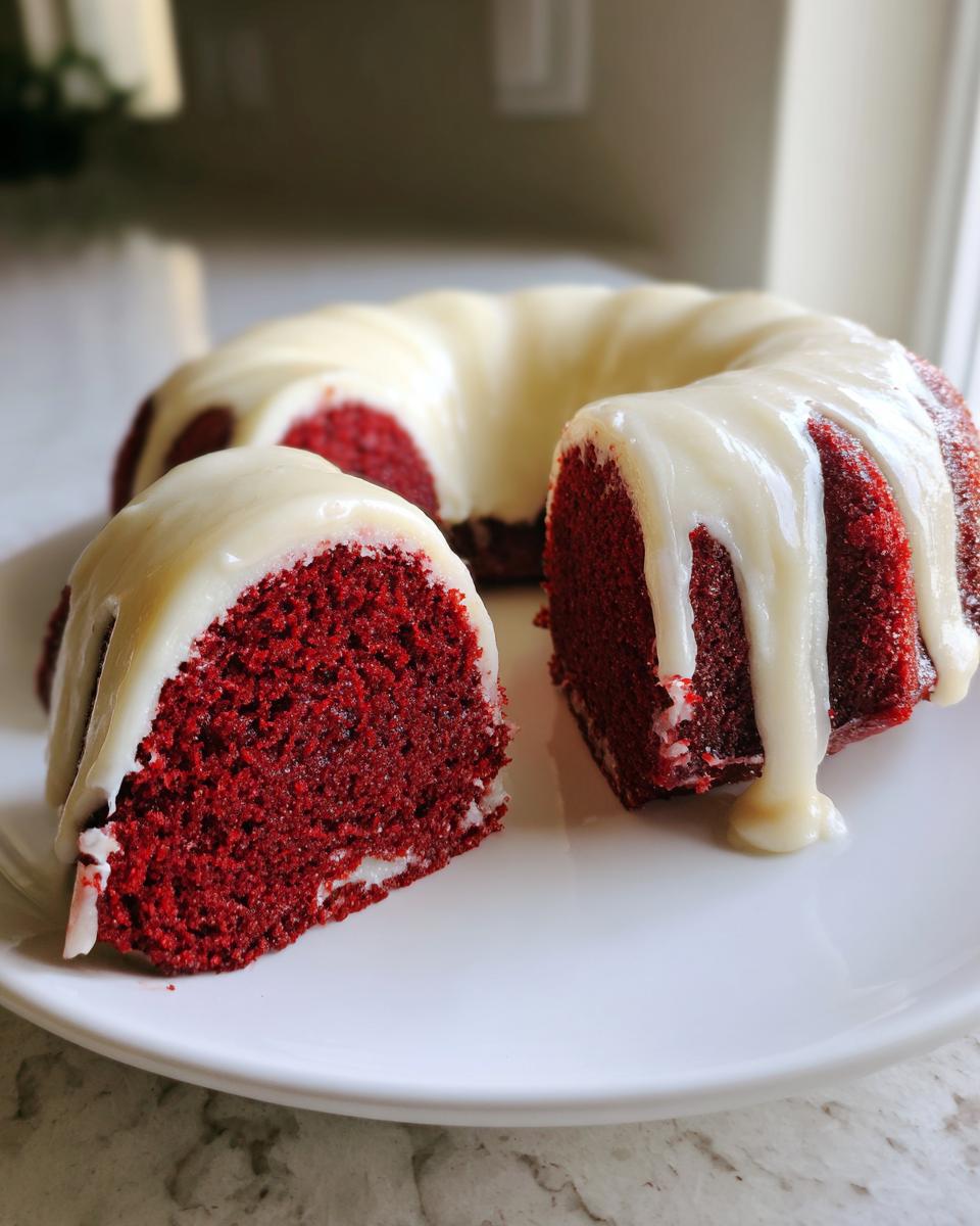 A slice cut from a vibrant red velvet bundt cake, topped with thick white glaze, sitting on a white plate.