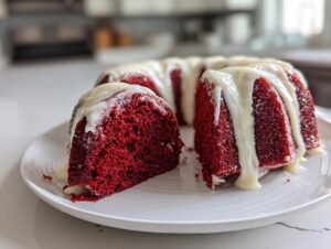 A slice of moist red velvet bundt cake drizzled heavily with white cream cheese glaze on a white plate.