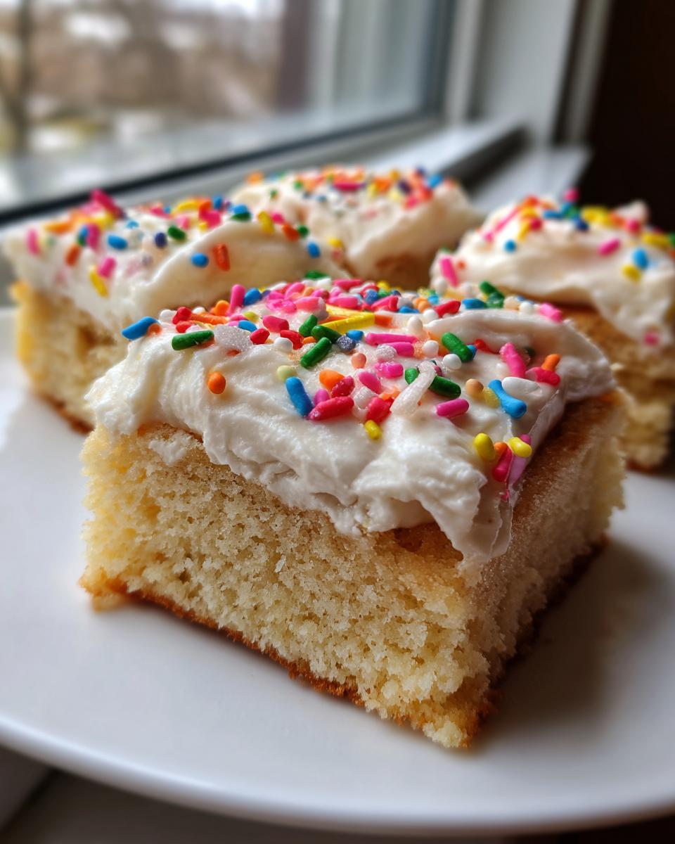 Close-up of several moist sugar cookie bars topped with thick white frosting and colorful rainbow sprinkles.