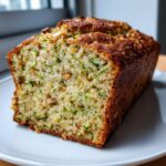 Close-up of a freshly baked loaf of moist zucchini banana bread showing shredded zucchini and nuts throughout the crumb.