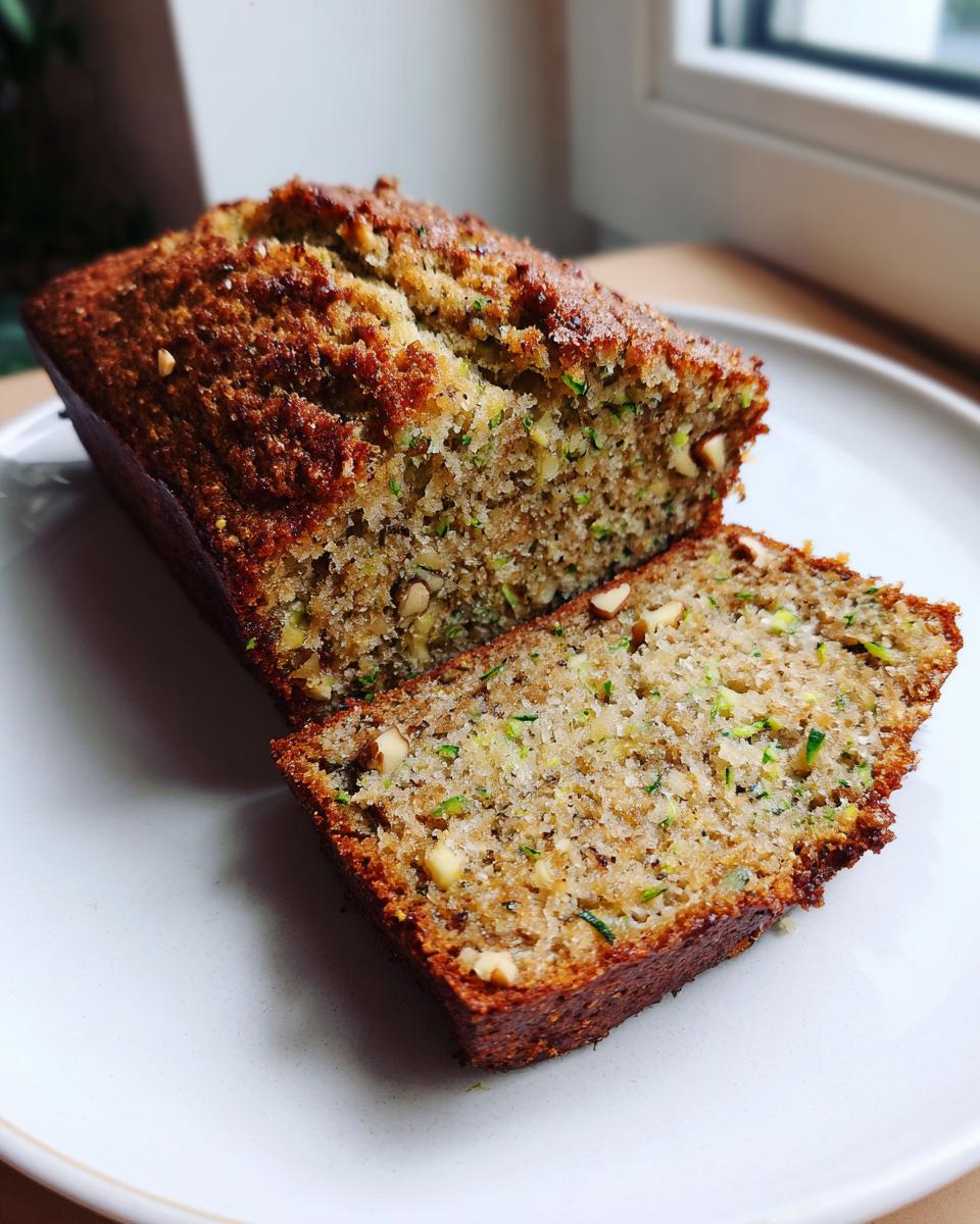 A moist zucchini banana bread loaf, partially sliced, showing shredded zucchini and nuts throughout the crumb.