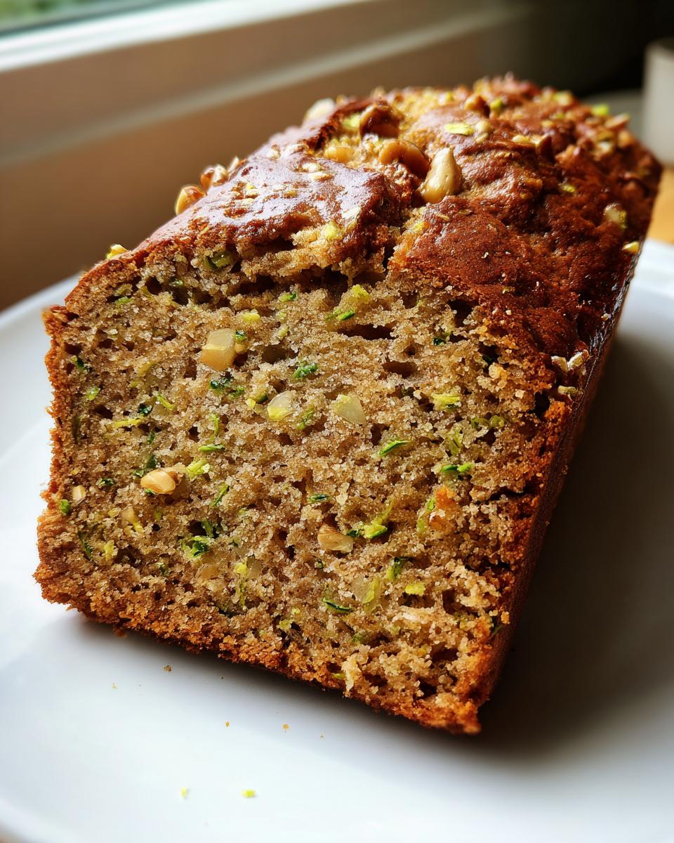 Close-up of a moist zucchini banana bread loaf, showing shredded zucchini and nuts baked into the crumb.