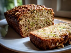 A moist zucchini banana bread loaf, partially sliced, showing the green shreds of zucchini inside.