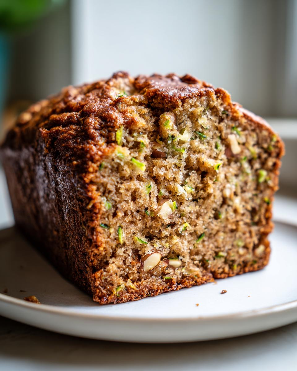 Close-up of a moist slice of zucchini banana bread showing shredded zucchini and chopped nuts throughout the crumb.