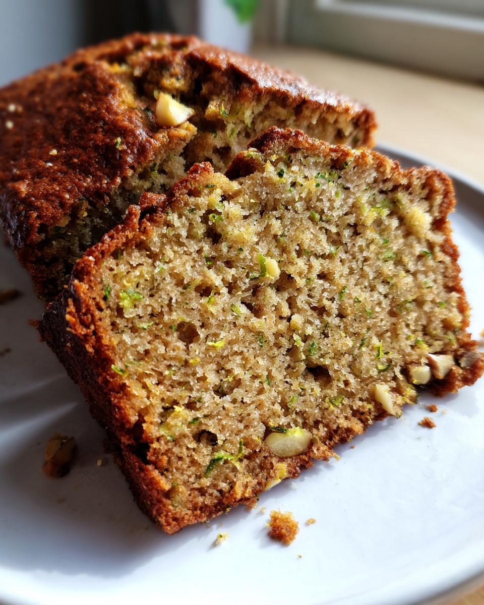 Close-up of moist zucchini banana bread, showing the crumb texture with visible shredded zucchini and walnuts.