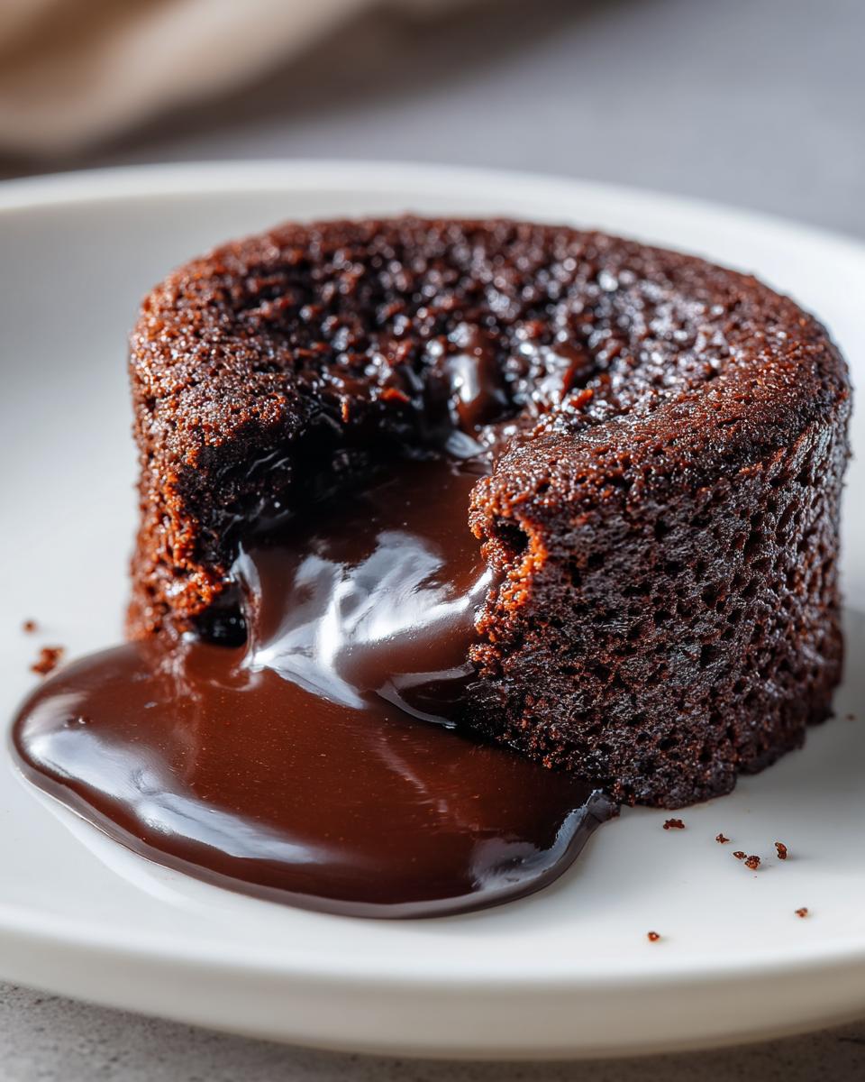 Close-up of a freshly baked chocolate lava cake with the molten center spilling out onto a white plate.