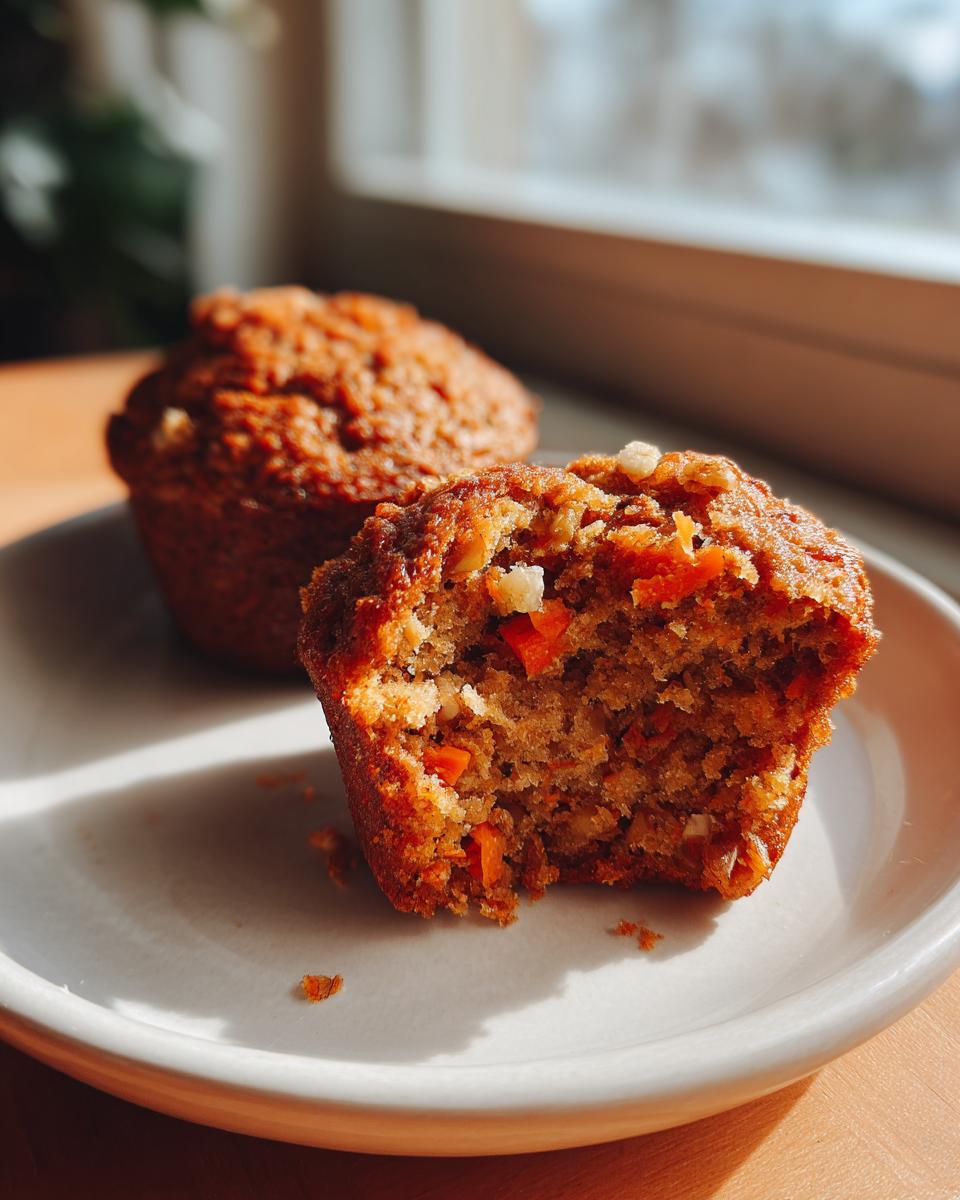 A close-up of a morning glory muffin broken open showing carrots and nuts inside, with another whole muffin behind it.