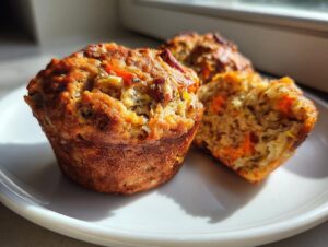 Close-up of two golden-brown morning glory muffins on a white plate, one broken open showing carrots and nuts.