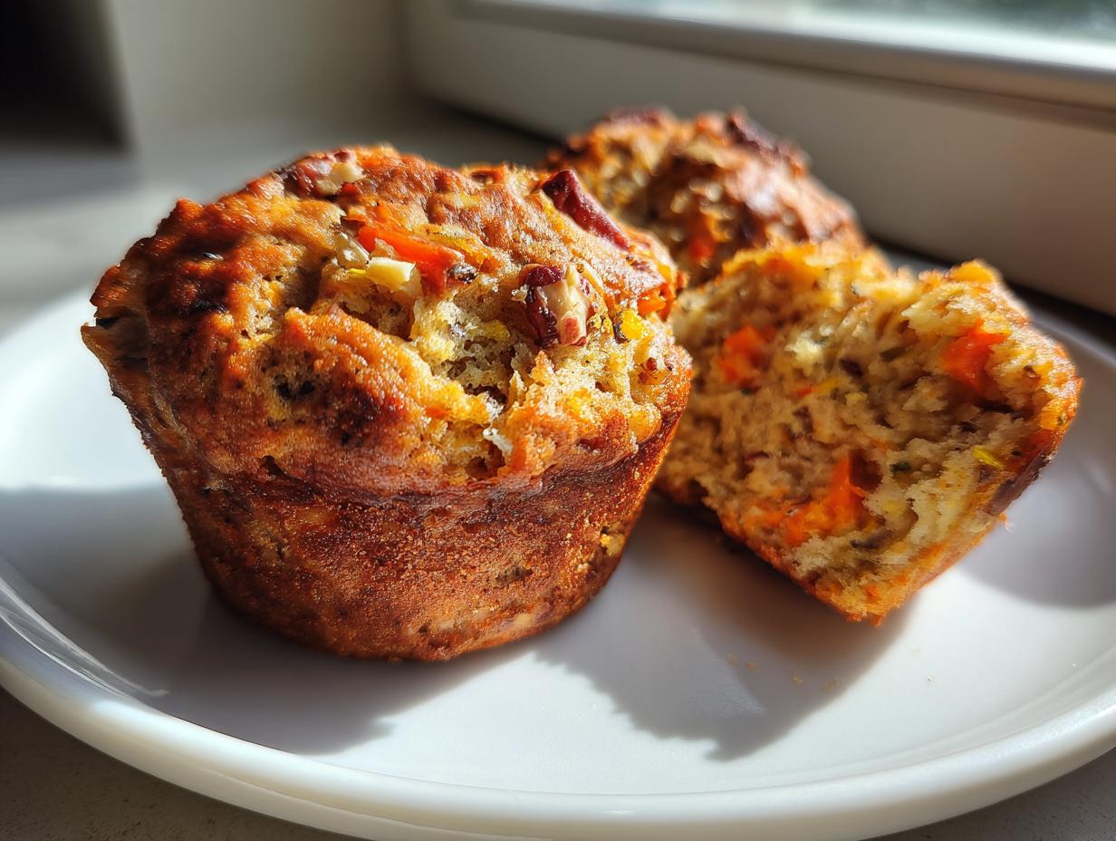 Close-up of two golden-brown morning glory muffins on a white plate, one broken open showing carrots and nuts.