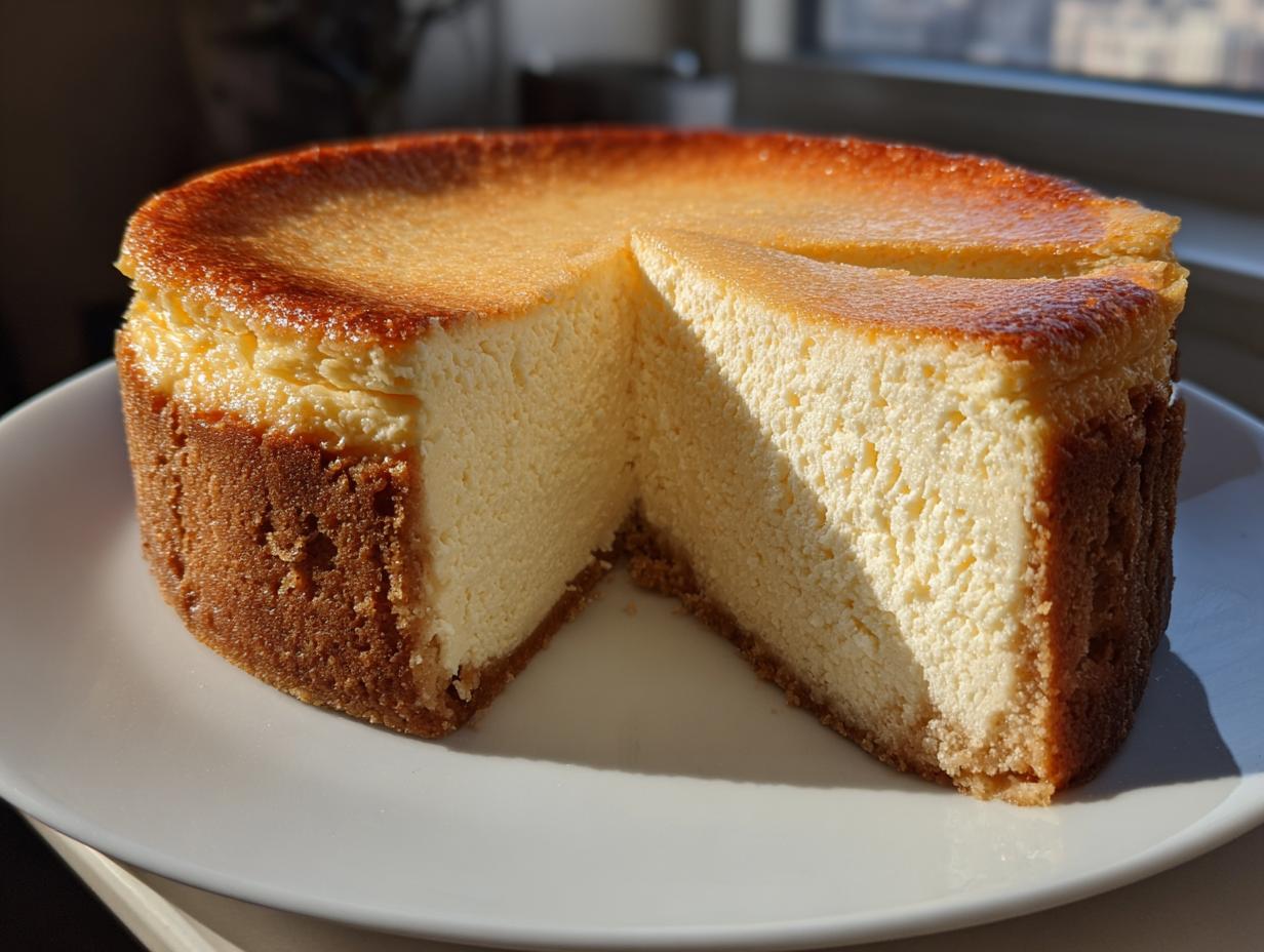 A beautiful, rich slice cut from a whole new york cheesecake showing its creamy texture and graham cracker crust.
