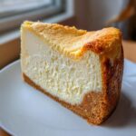 A thick, creamy slice of New York cheesecake with a golden-brown top and graham cracker crust on a white plate.