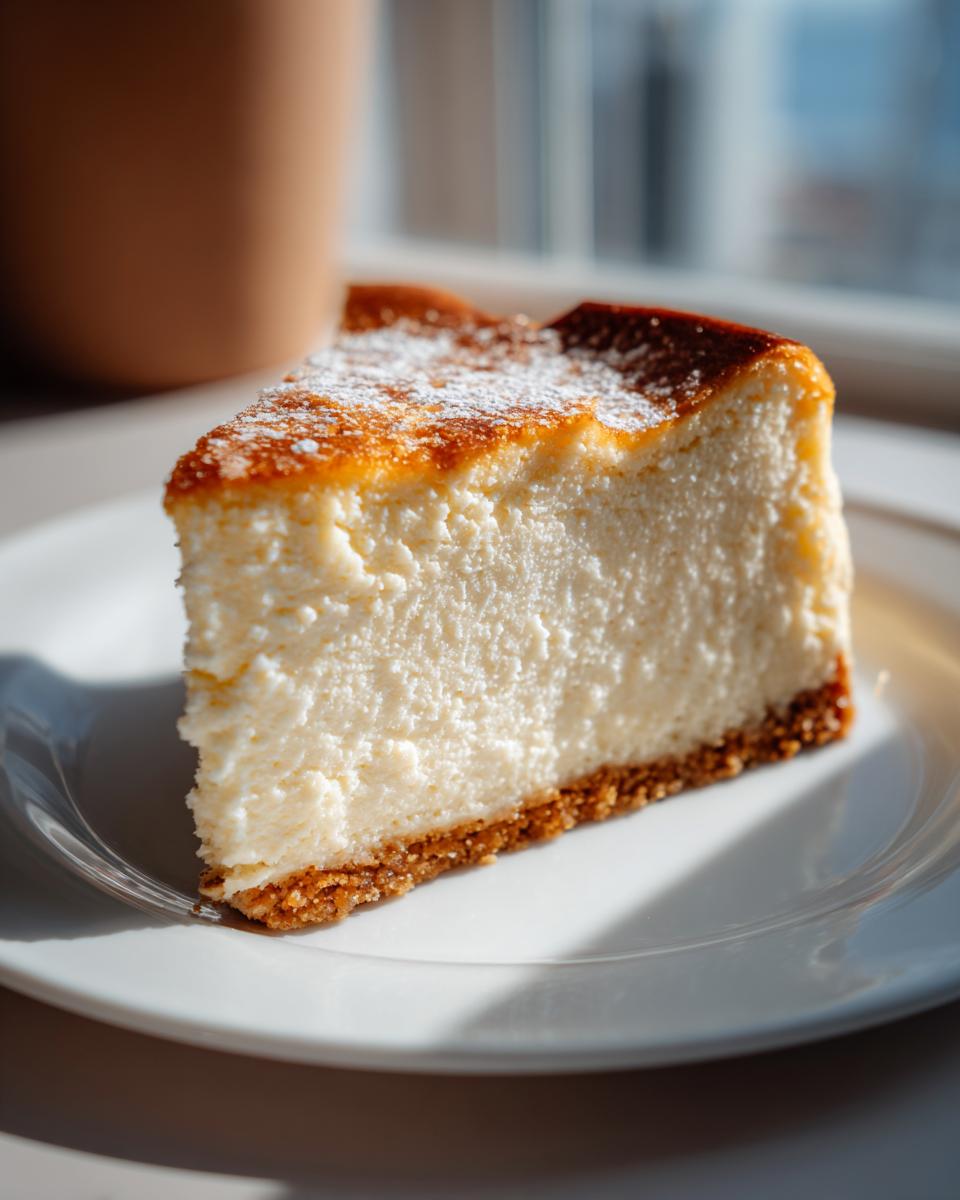 A thick slice of creamy new york cheesecake with a graham cracker crust, dusted with powdered sugar.