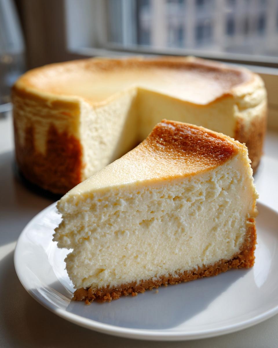 A thick slice of creamy new york cheesecake sits on a white plate, with the rest of the golden-brown baked cake in the background.