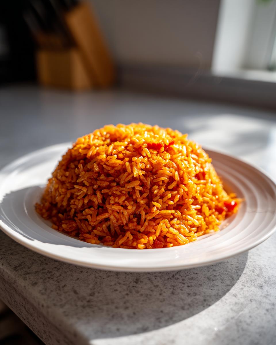 A mound of vibrant, orange-red Nigerian jollof rice served on a white plate, steaming slightly in natural light.