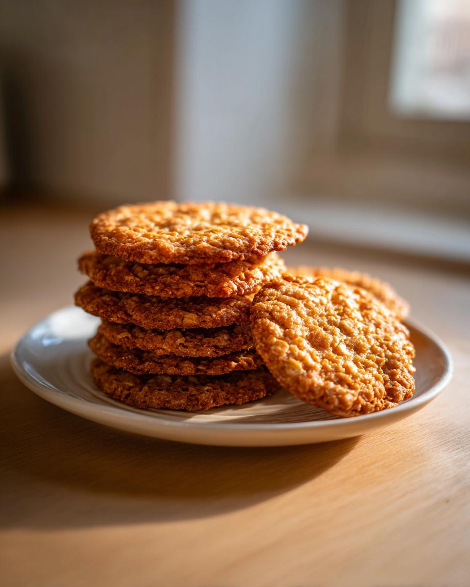 A stack of thin, golden brown oatmeal lace cookies resting on a small white plate on a wooden surface.