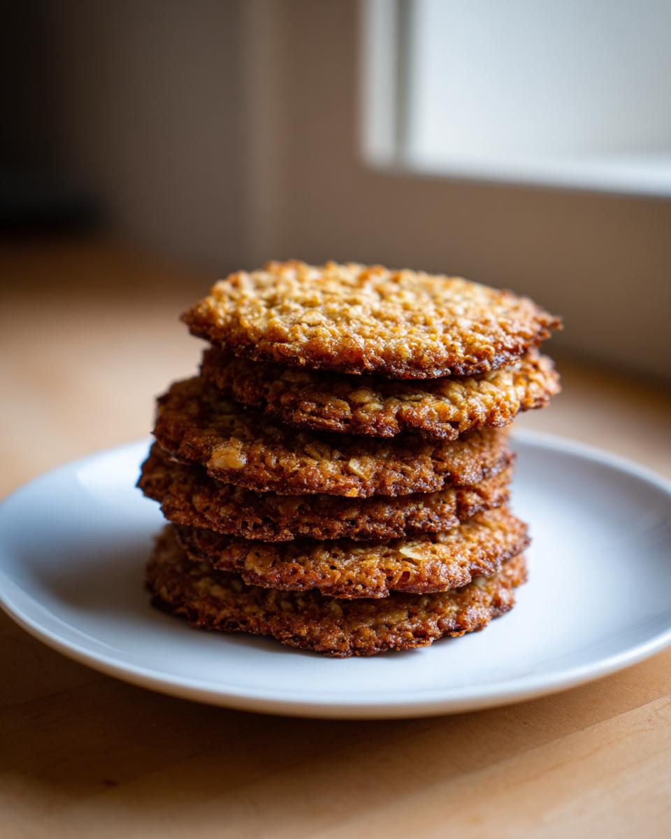 A vertical stack of five crispy, golden-brown oatmeal lace cookies resting on a small white plate.