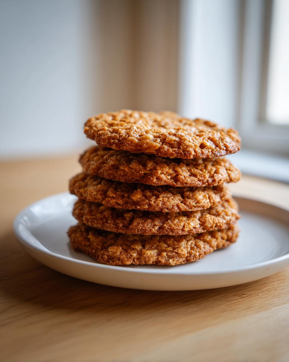A stack of four golden brown oatmeal lace cookies resting on a small white plate.