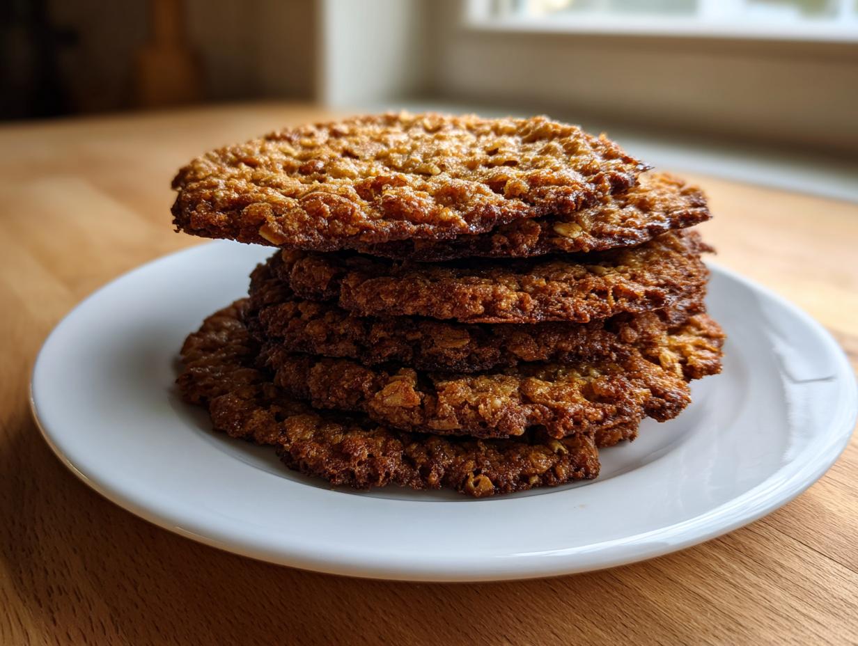 A stack of five golden brown, lacy oatmeal lace cookies piled high on a small white plate.