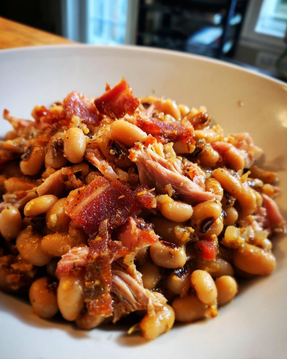 A close-up view of creamy black eyed peas seasoned and topped generously with shredded ham and bacon pieces.