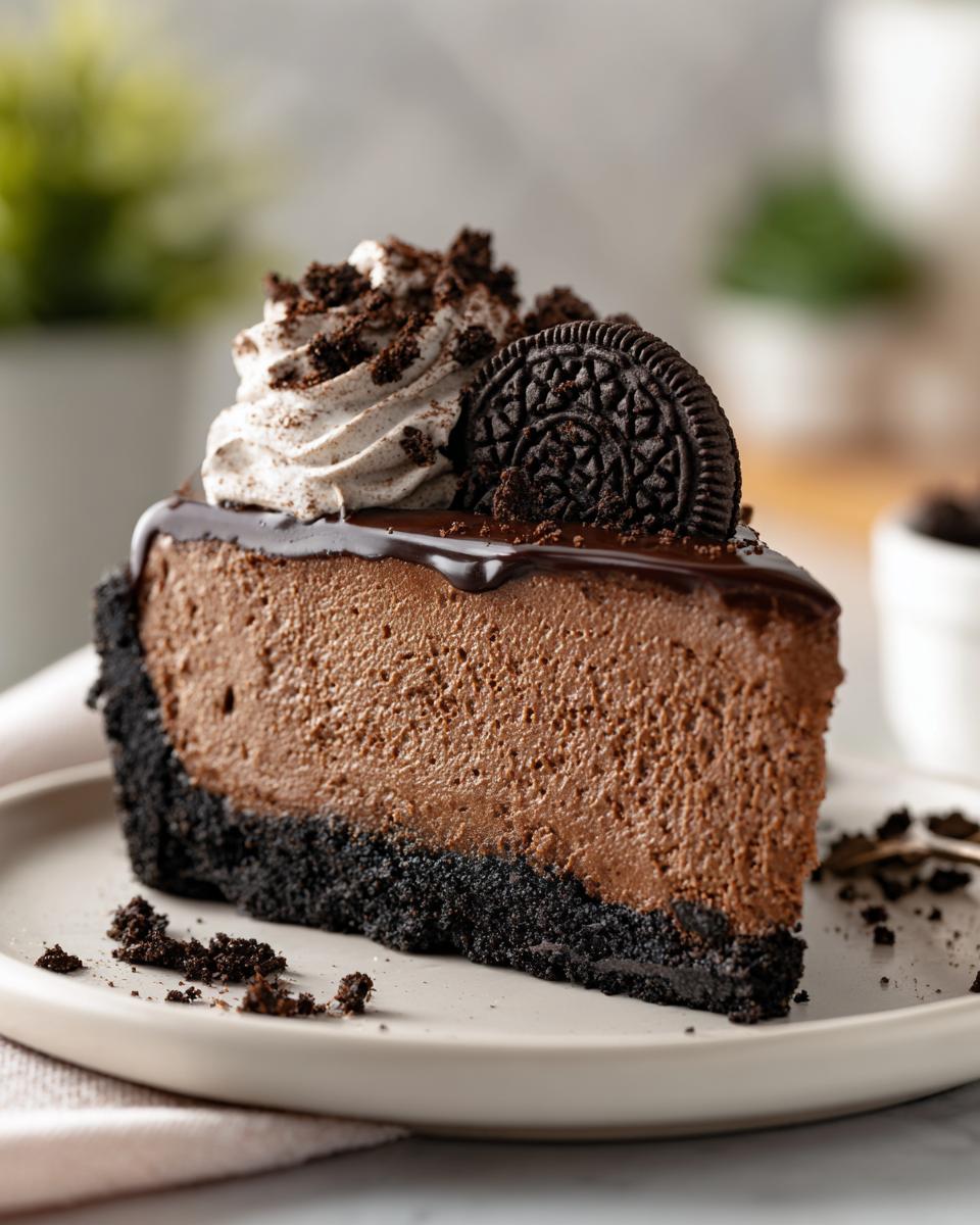 A decadent slice of chocolate mousse pie with a dark cookie crust, topped with chocolate ganache, whipped cream, and an Oreo.