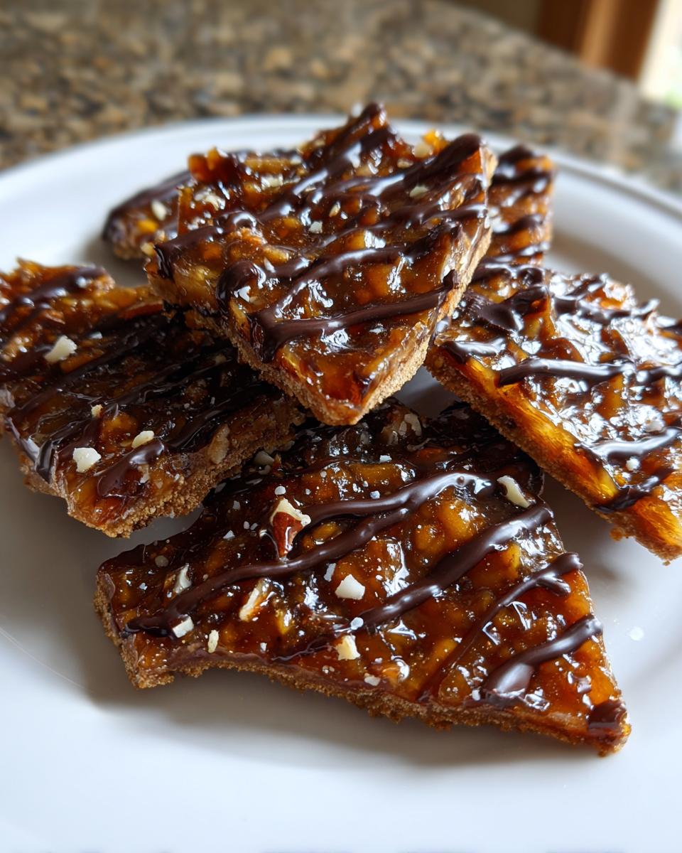Close-up of several triangular pieces of Pecan Pie Bark stacked on a white plate, topped with a rich caramel glaze and dark chocolate drizzle.