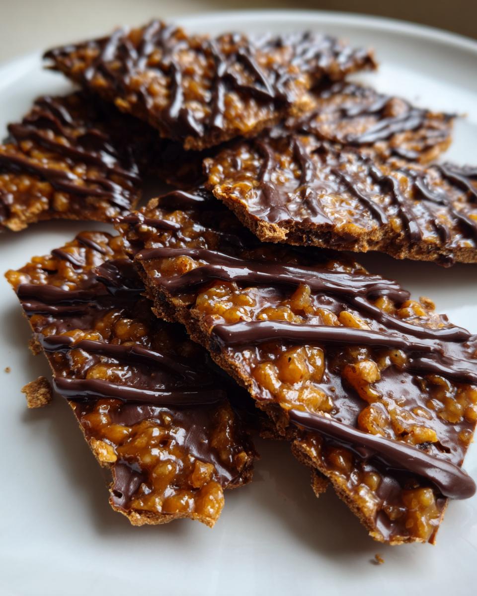 Close-up of several broken pieces of Pecan Pie Bark with a gooey pecan filling and a dark chocolate drizzle on a white plate.