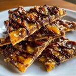 Close-up of stacked squares of Pecan Pie Bark, featuring pecans, caramel, and a dark chocolate drizzle.