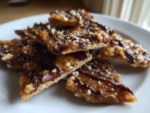 A pile of broken pieces of Pecan Pie Bark drizzled with chocolate and topped with chopped nuts on a white plate.