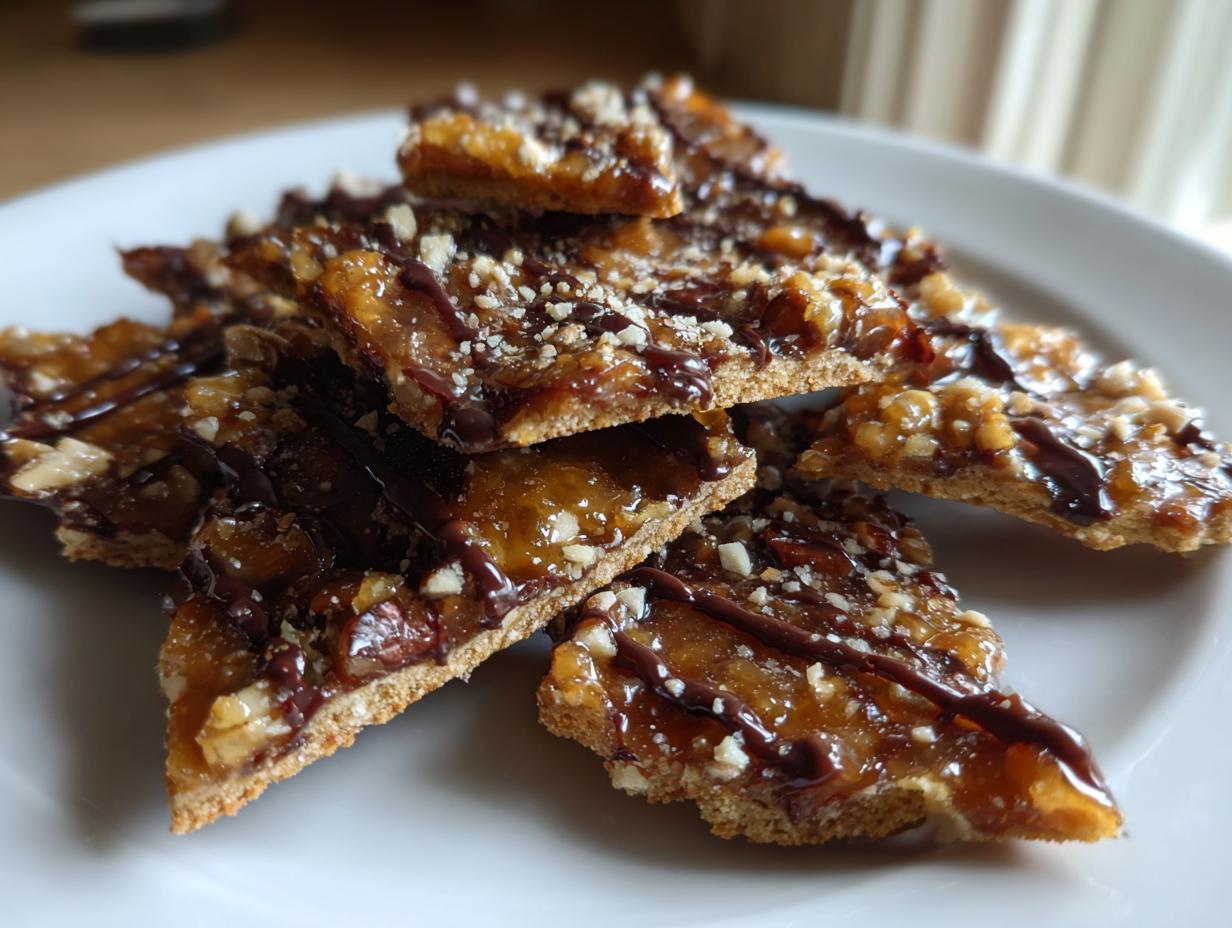 A pile of broken pieces of Pecan Pie Bark drizzled with chocolate and topped with chopped nuts on a white plate.