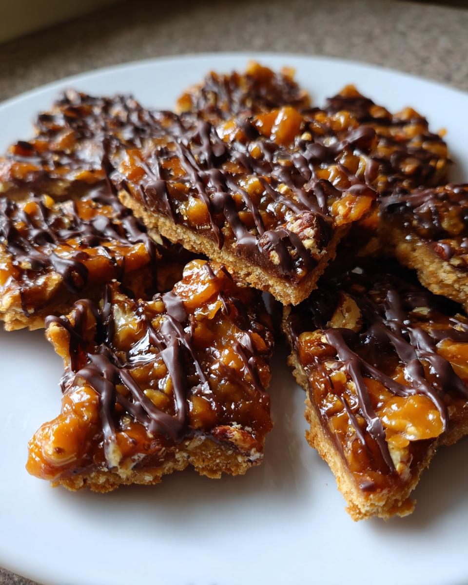 Close-up of several squares of homemade Pecan Pie Bark with sticky caramel, pecans, and a dark chocolate drizzle on a white plate.