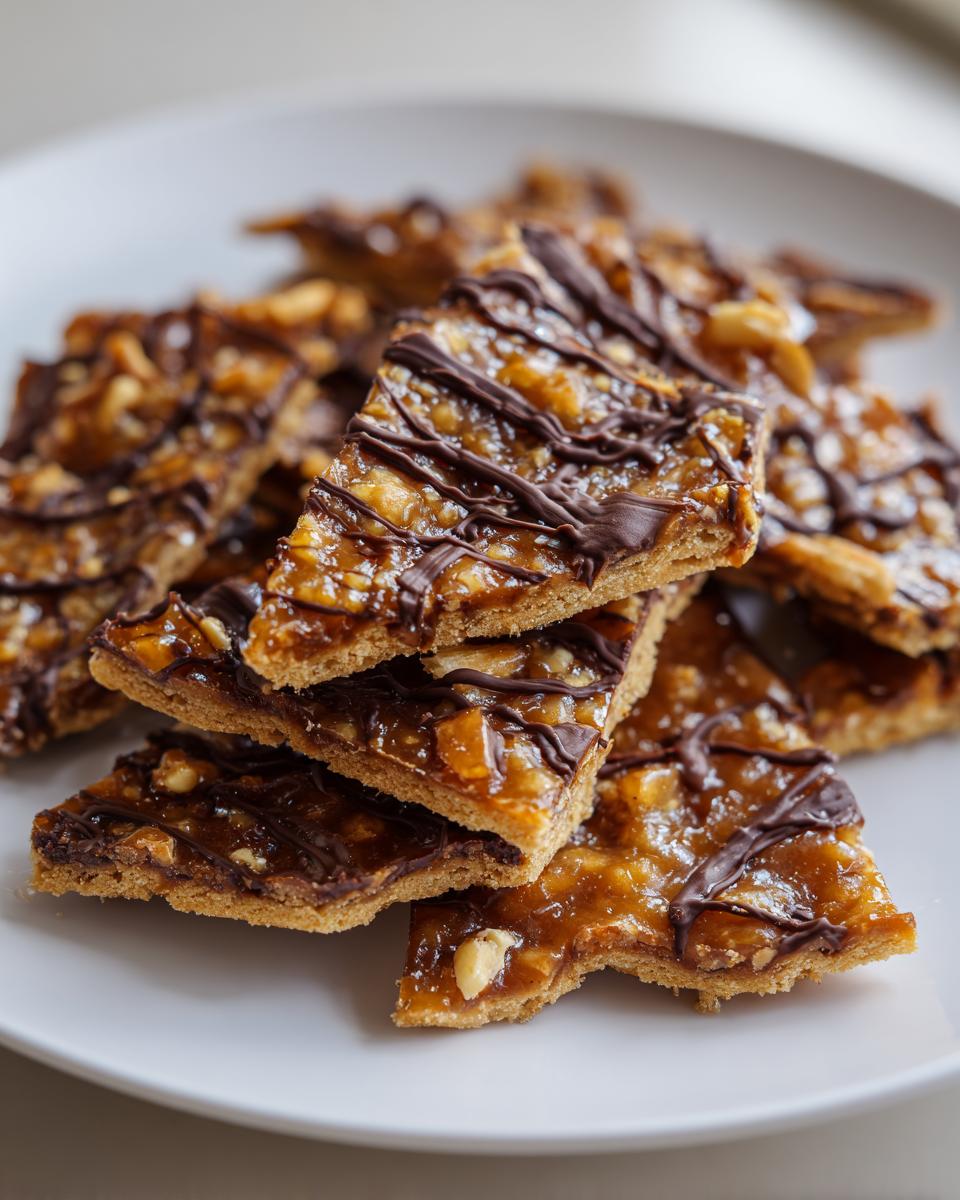 A stack of homemade Pecan Pie Bark pieces featuring a caramel pecan topping drizzled with dark chocolate on a white plate.