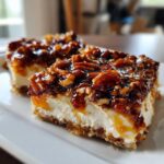 Two squares of creamy pecan pie dip bars topped with glossy, caramelized pecans served on a white plate.