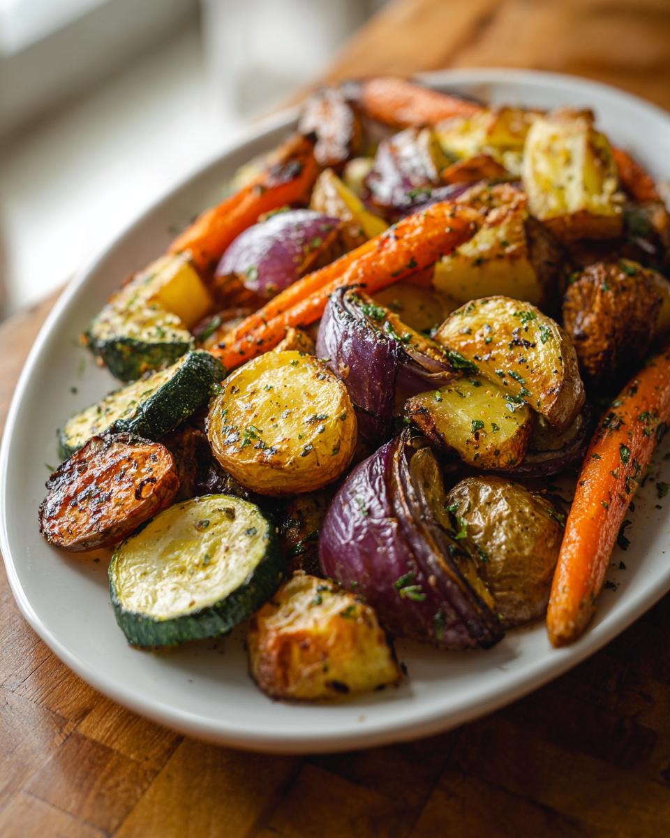 A close-up of a white platter filled with beautifully roasted Garlic Herb Veggies, including potatoes, carrots, zucchini, and red onion.