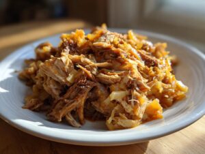 Close-up of shredded pork and sauerkraut mixture served on a white plate, highlighted by natural sunlight.