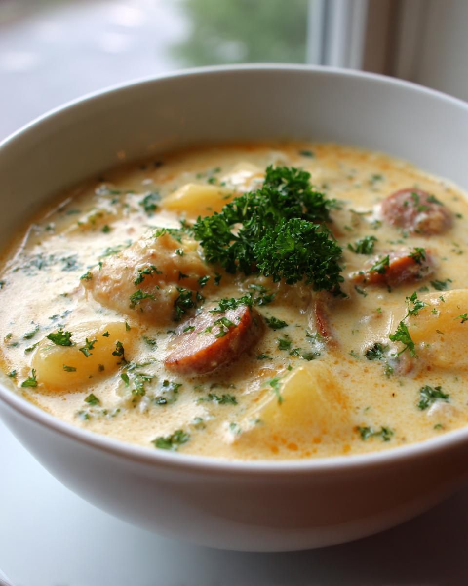 Close-up of a rich, creamy potato and sausage chowder garnished with fresh parsley in a white bowl.