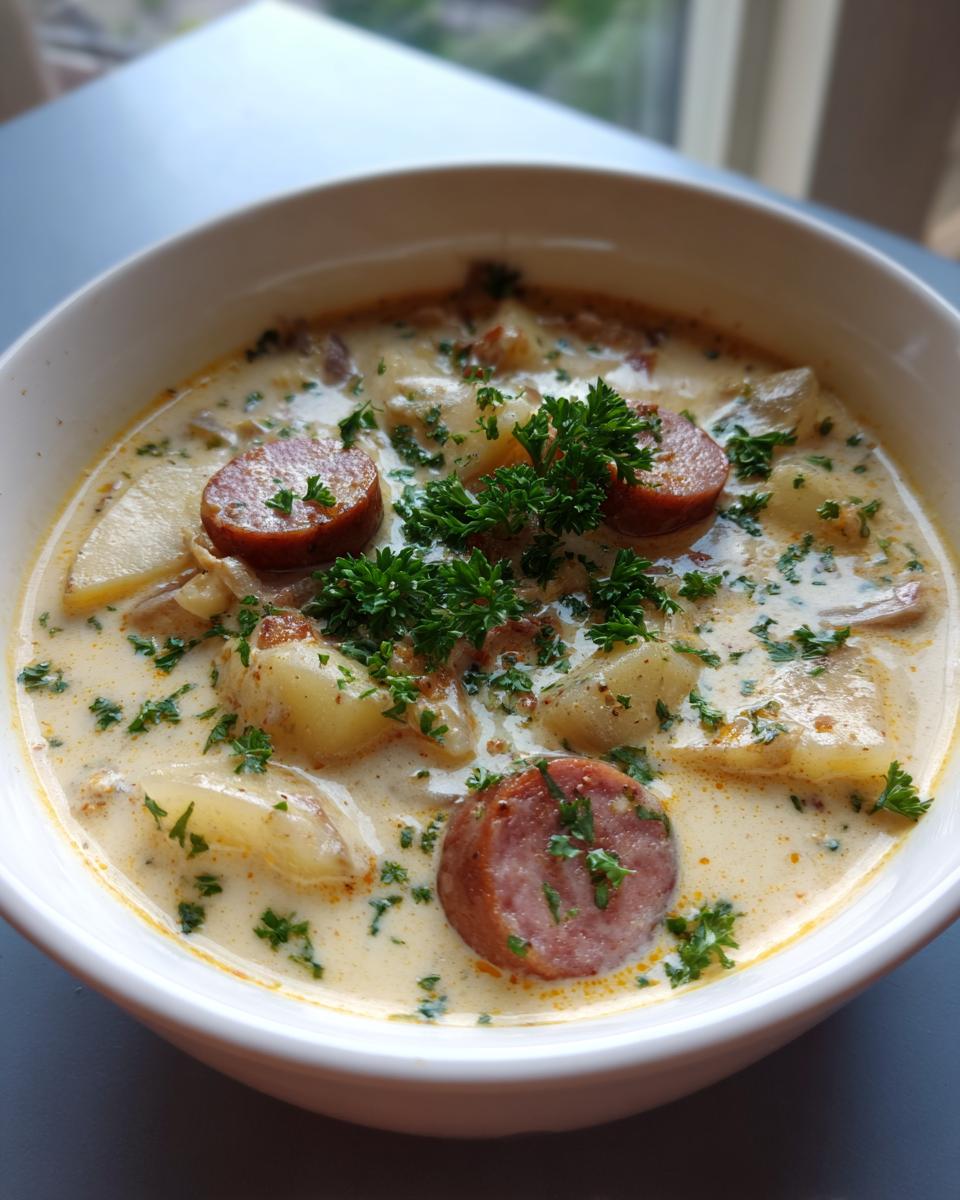 Close-up of a creamy potato and sausage chowder, garnished with fresh parsley and thick sausage slices.
