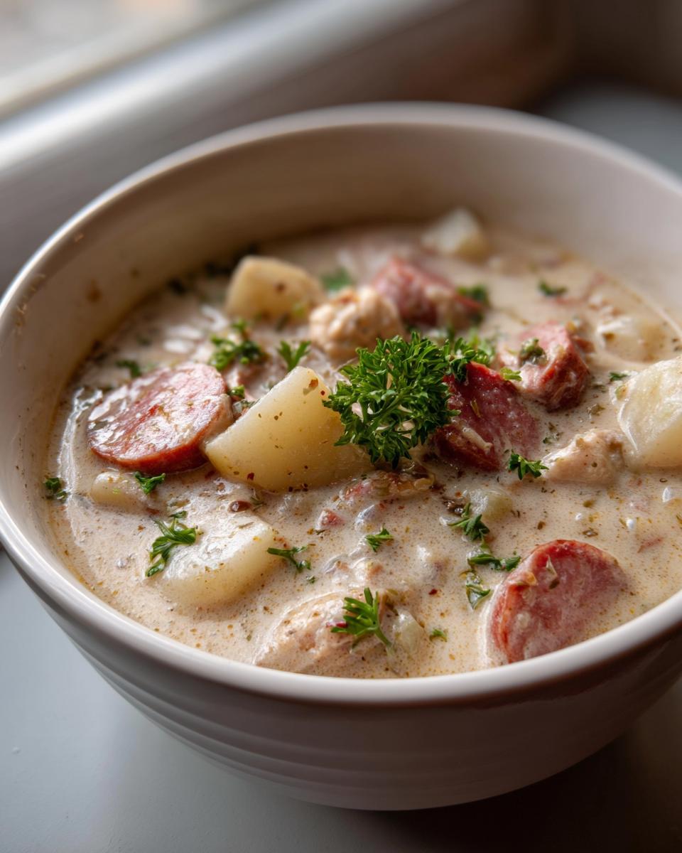Close-up of a hearty bowl of creamy potato and sausage chowder, garnished with fresh parsley.