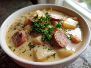 Close-up of a creamy bowl of potato and sausage chowder garnished with fresh parsley.