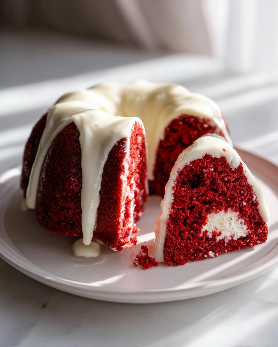 A slice cut from a vibrant red velvet bundt cake showing a cream cheese filling center, topped with white glaze.