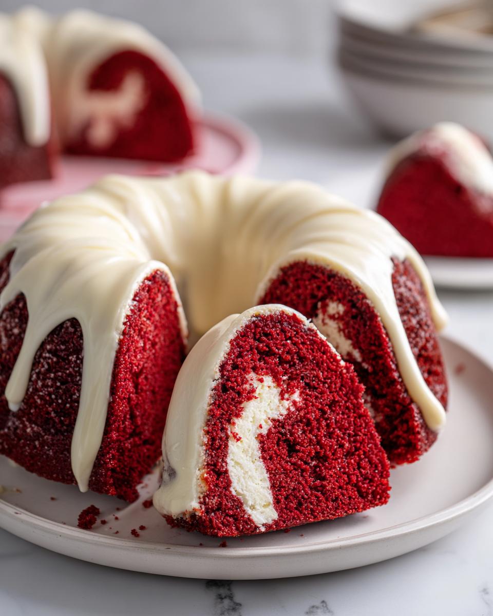 A slice cut from a vibrant red velvet bundt cake, showing a cream cheese swirl filling and white glaze.