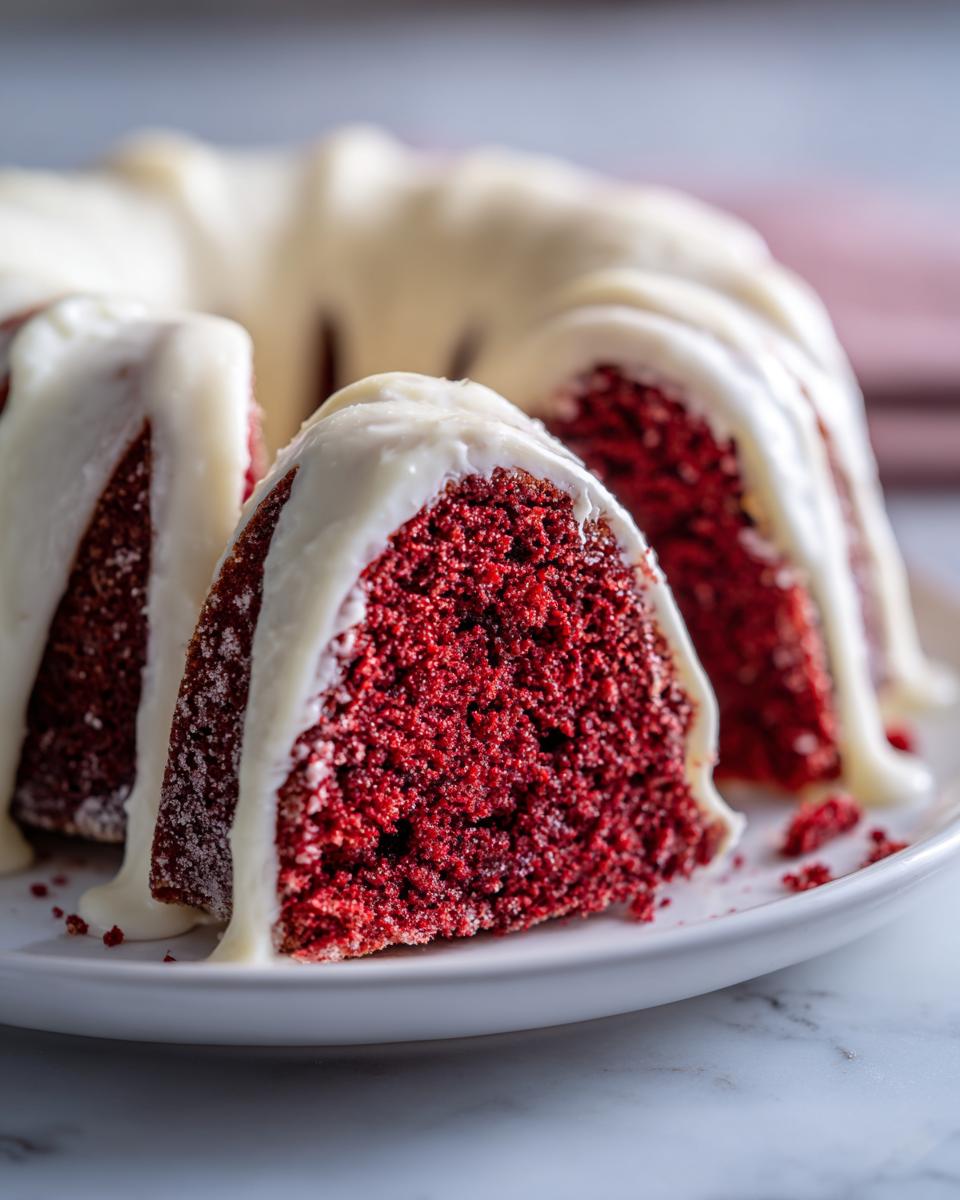 Close-up of a slice of vibrant red velvet bundt cake covered in thick white cream cheese glaze.
